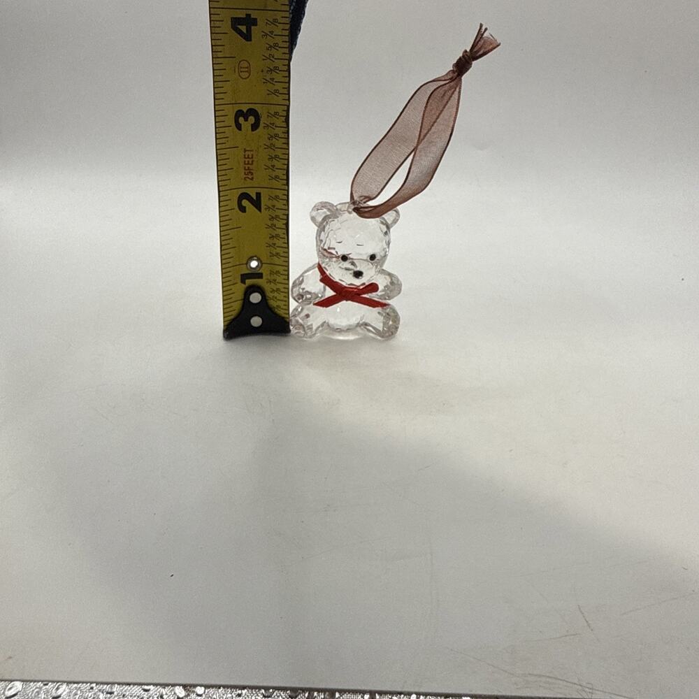 Clear Crystal Teddy Bear Figurine Ornament Red Bow Hanging 2” *